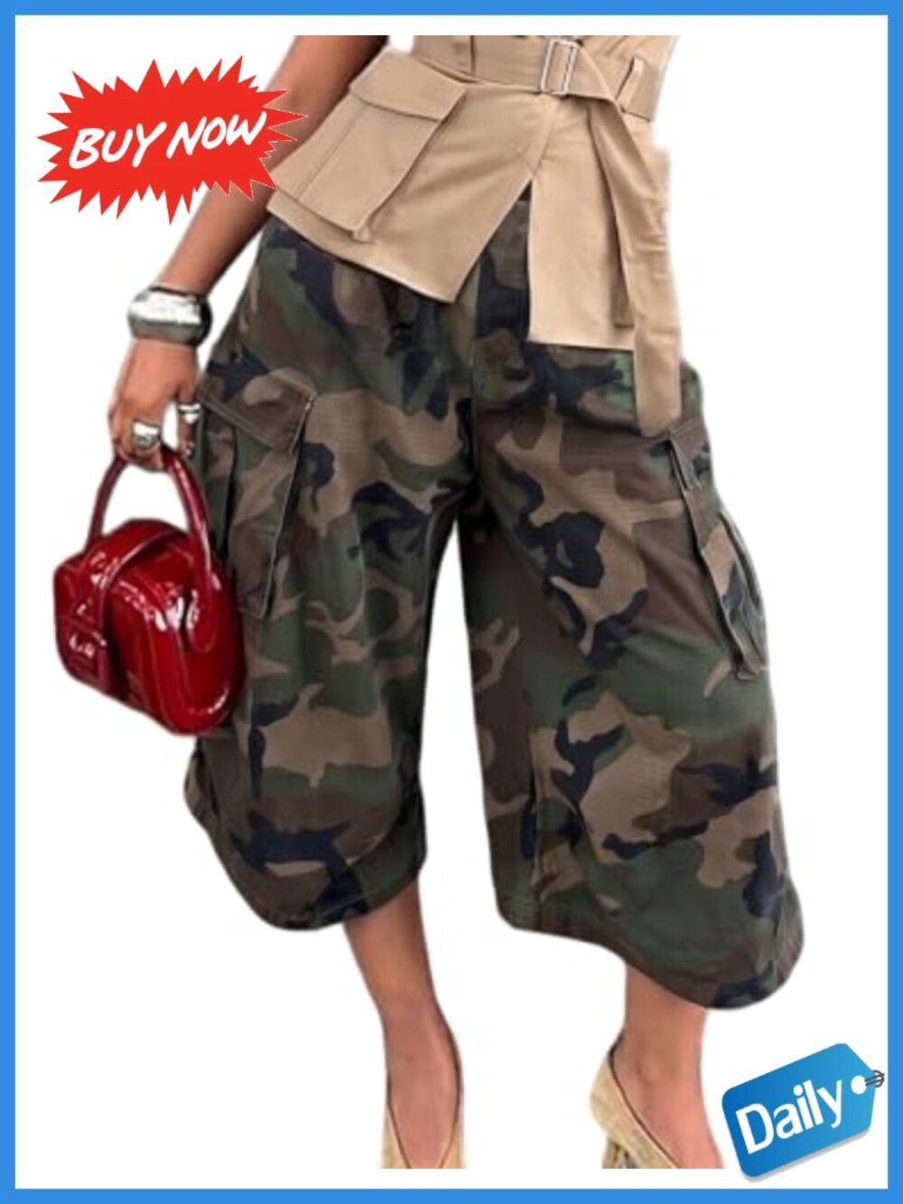 100% Cotton Camo Cargo Capri Pants High Waisted Wide Leg Cropped Trousers
